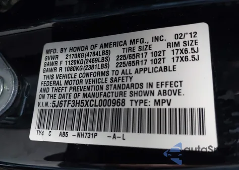 2012 Honda Crosstour 2.4 Ex-L из США, поврежденный, VIN 5J6TF3H5XCL000968